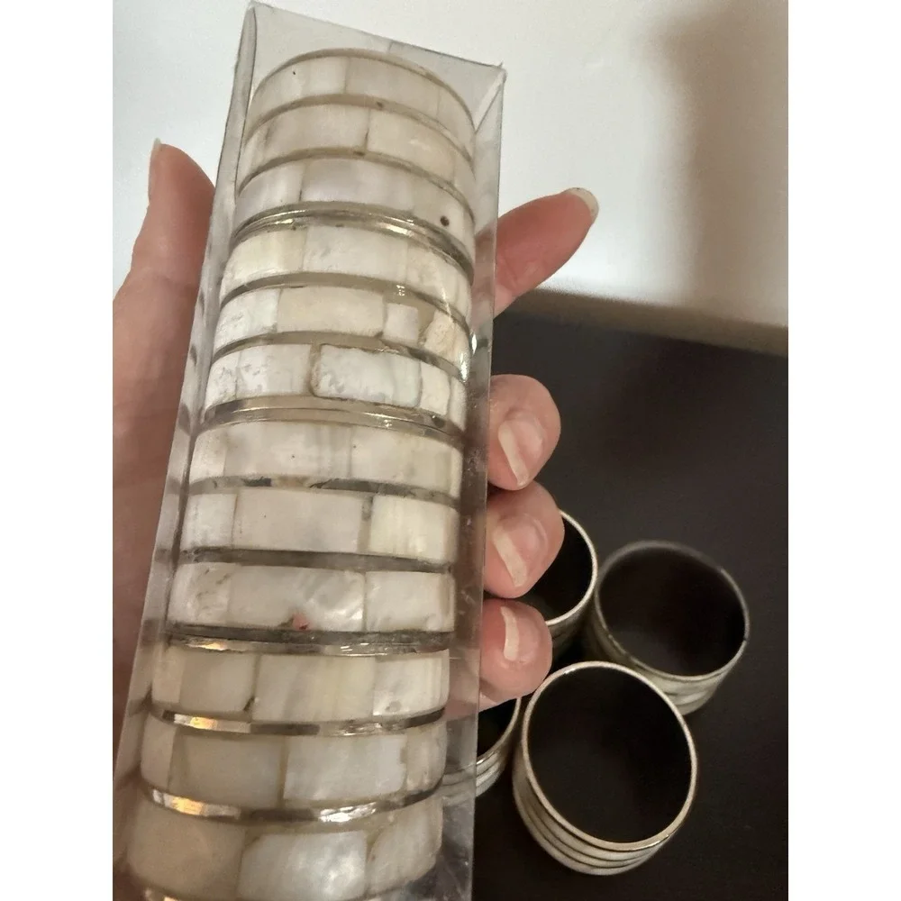 Mother of Pearl Silver Tone Metal Napkin Rings Holders Vintage Set Of 8